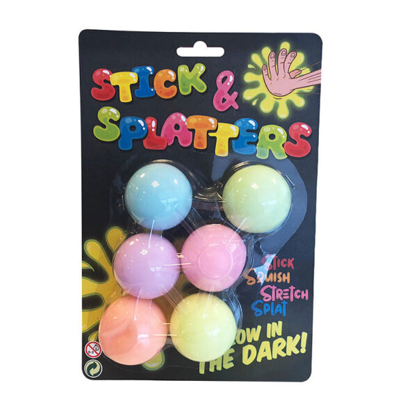 24391 Sticky stretch glow in the dark ballen op kaart, 6 stuks