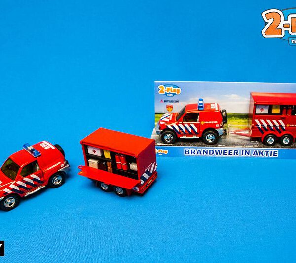 521557 2-Play Brandweer Die Cast pull back auto met aanhangwagen