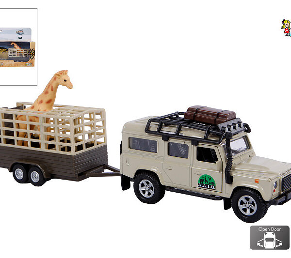 521723 Kids Globe Die Cast pull back Landrover met Giraffe trailer