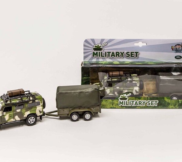 520027 Kids Globe Die Cast pull back Landrover Army met aanhanger