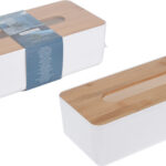 170455780 Tissuehouder wit met bamboe deksel 26x13x8cm