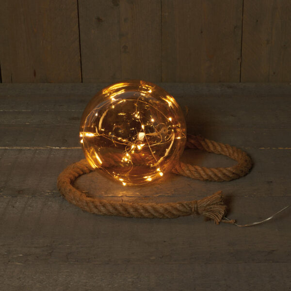 Bal glas goud 18cm aan 1 meter touw 15 LEDS warmwit
