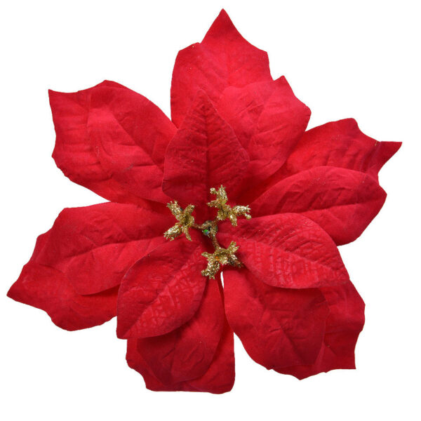 Bloem Poinsettia Velvet op clip 16cm - Rood