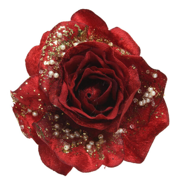 Bloem Roos met glitter op clip 13cm - Rood