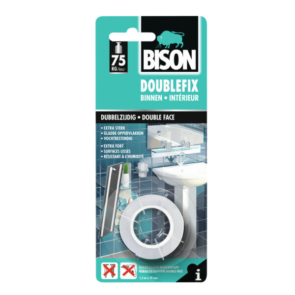 Bison Doublefix Binnen rol 1,5m x 19mm wit kaart