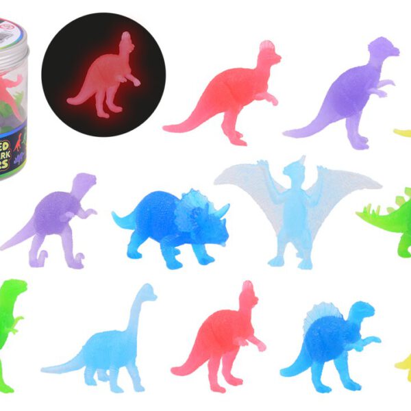 Glow in the dark gekleurde dino 12 stuks in koker