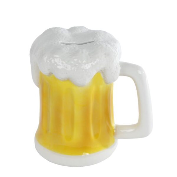 Spaarpot Bierpul geel/wit aardew 14x10x14,5cm