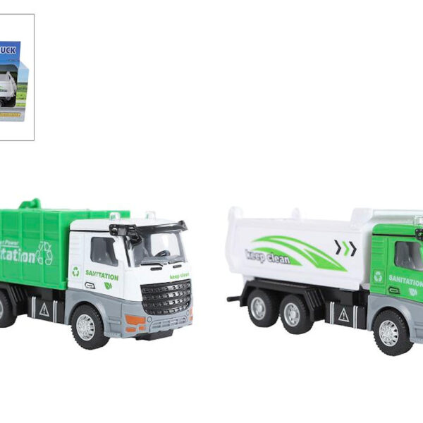 2-Play kiepwagen/vuilniswagen die cast pull back 15cm
