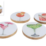 Onderzetter Cocktail hout/emaille 10x10x3,5cm set 4 stuks