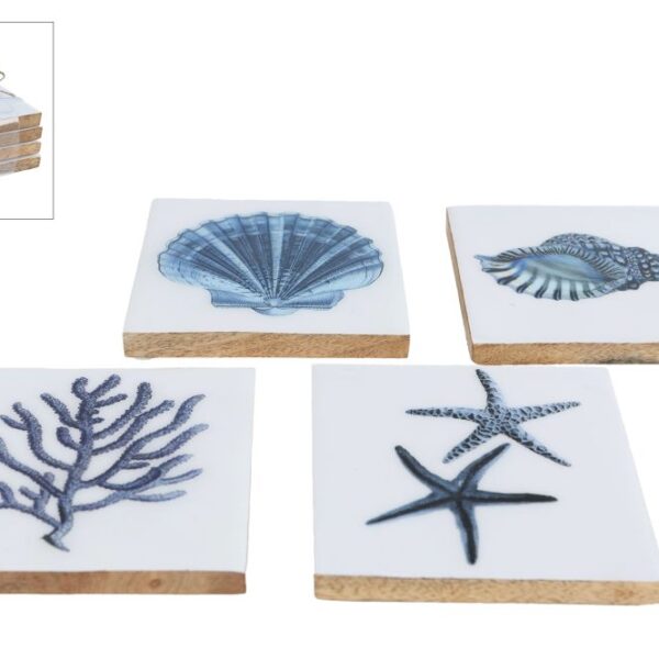 Onderzetter Sea hout emaile 10x10cm set 4 stuks