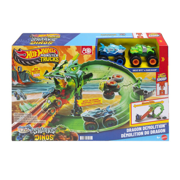 Hot Wheels Monster Trucks Sharks vs Dinos Dragon Destruction