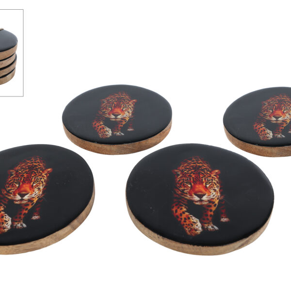 Onderzetter Leopard 4 stuks zwart hout/emaille 10x10x3,5cm