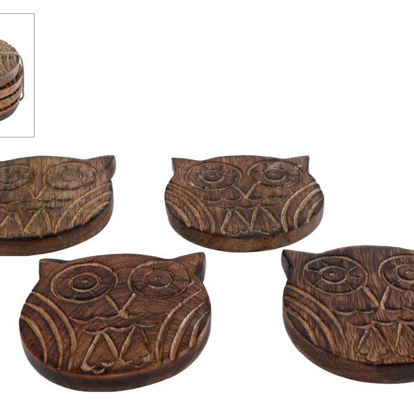 Onderzetter Uil naturel mango 10x10x4cm 4 stuks