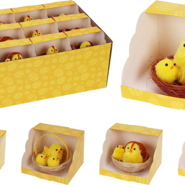Chenillke kuikens 6cm 3 stuks in nestje in display