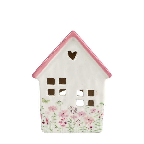 Theelichth House Floral S roze aardew 11x7x16cm