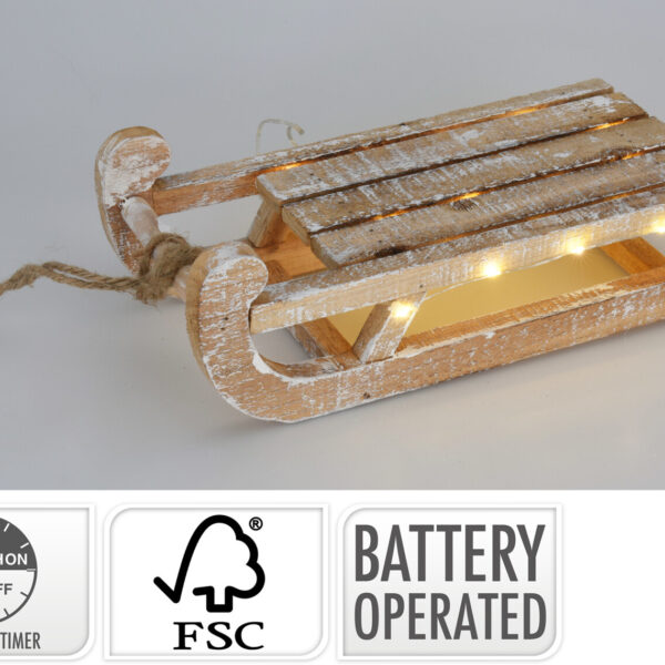 Houten slee met LED 30cm - White Wash