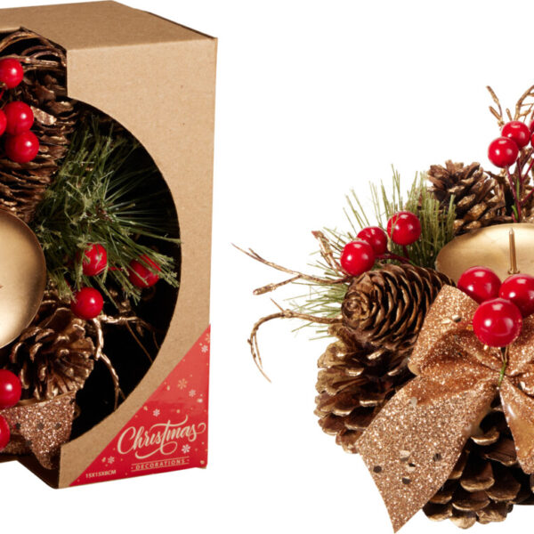 Kerstskrans 15cm met kaarsenhouder - Goud