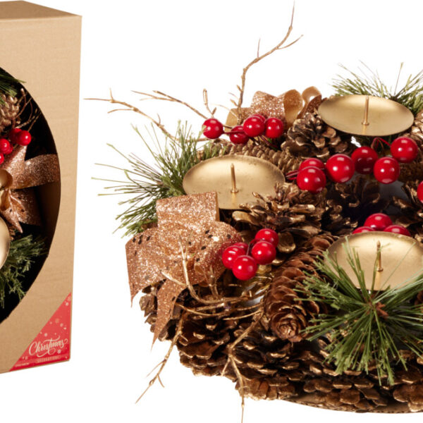 Kerstskrans 27cm met 4 kaarsenhouders - Goud
