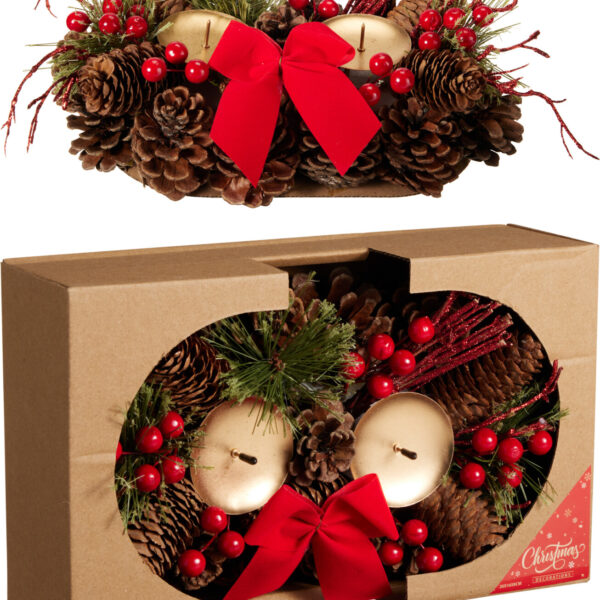 Kerstskrans 26cm met 2 kaarsenhouders - Rood