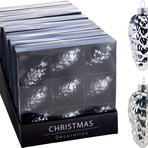 Kerstbal Glas Dennenappel 9cm 9 stuks - Zilver